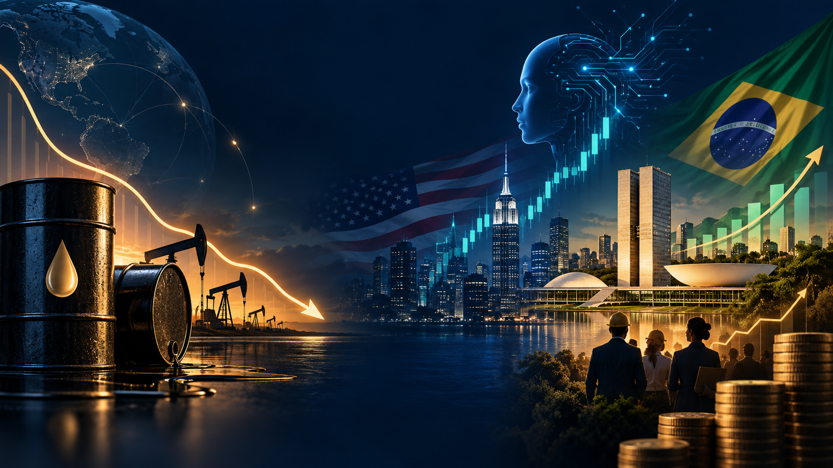 Ilustração de petróleo, inteligência artificial e economia brasileira